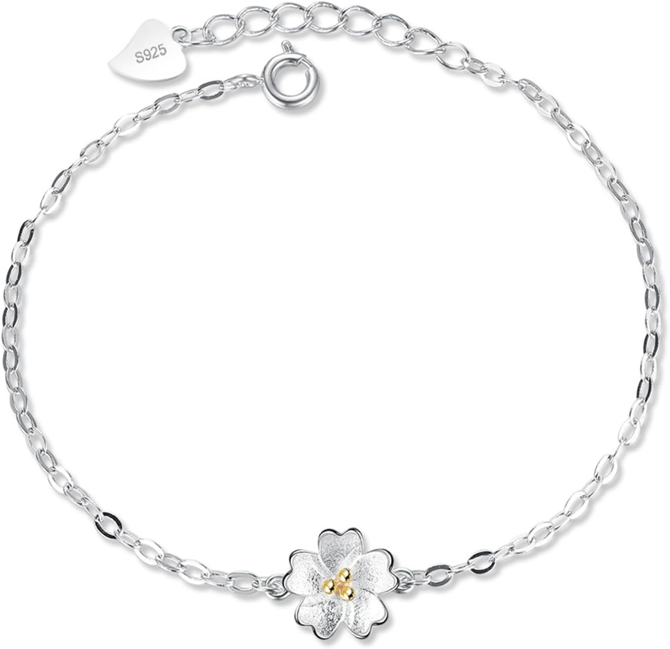 JOATVEE Bracelet à Fleurs en Argent 925 Bracelet à Thème Fleurs de Cerisier pour Femmes Filles Adolescentes Bijoux de Mode Simple Bracelet Chaîne Croix Cadeaux d'Anniversaire