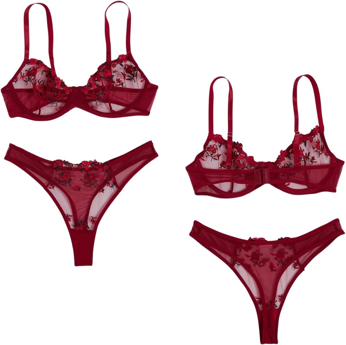 ROSVAJFY Ensemble de Lingerie Sexy pour Femme en Dentelle Broderie Florale, Soutien Gorge à Armatures et Culotte 2 Pièces, Coquine sous Vetements Feminins Hot Push Up Nuisettes