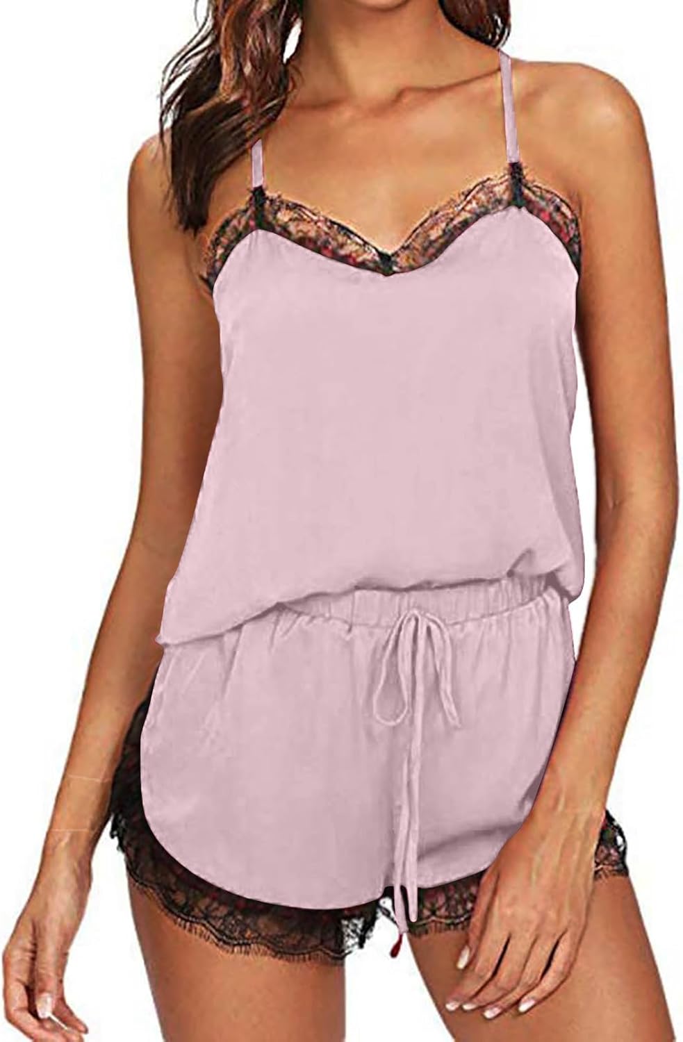 KQIVAM Ensembles de Pyjama Femmes Sexy Chic été Caraco Satin en Soie Short Dentelle 2 Pièce Court Mignon Doux Bas de Pyjamas Pyjashort Nuisette Lingerie Nuit Sleepwear Col en V Homewear pour Femme