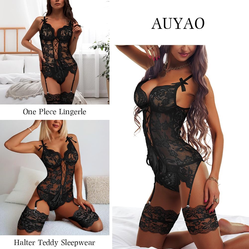AUYAO Ensembles de Lingerie Femme, Body Porte Jarretelle Bande Cuisse Babydolls sous Vetements Cuisse Jarretière, Teddy Babydoll Vêtement de Nuit Ensemble Lingerie, Lingerie RéSille Ensemble(Noir-M)