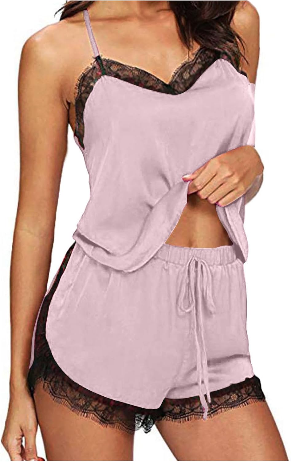 KQIVAM Ensembles de Pyjama Femmes Sexy Chic été Caraco Satin en Soie Short Dentelle 2 Pièce Court Mignon Doux Bas de Pyjamas Pyjashort Nuisette Lingerie Nuit Sleepwear Col en V Homewear pour Femme