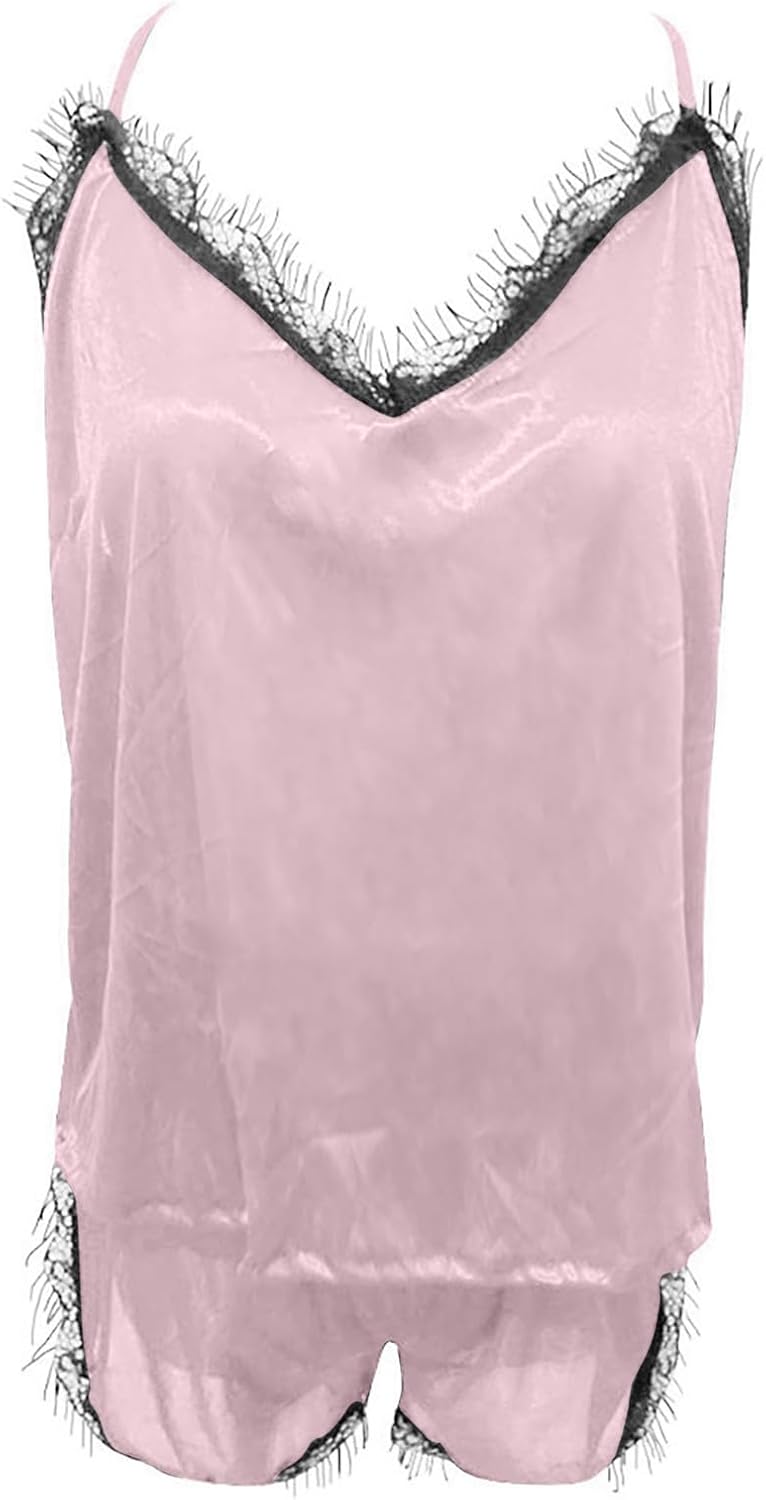 KQIVAM Ensembles de Pyjama Femmes Sexy Chic été Caraco Satin en Soie Short Dentelle 2 Pièce Court Mignon Doux Bas de Pyjamas Pyjashort Nuisette Lingerie Nuit Sleepwear Col en V Homewear pour Femme