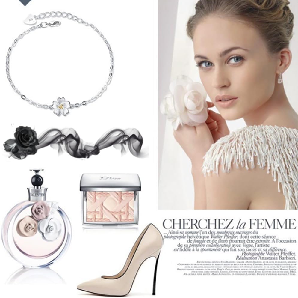 JOATVEE Bracelet à Fleurs en Argent 925 Bracelet à Thème Fleurs de Cerisier pour Femmes Filles Adolescentes Bijoux de Mode Simple Bracelet Chaîne Croix Cadeaux d'Anniversaire