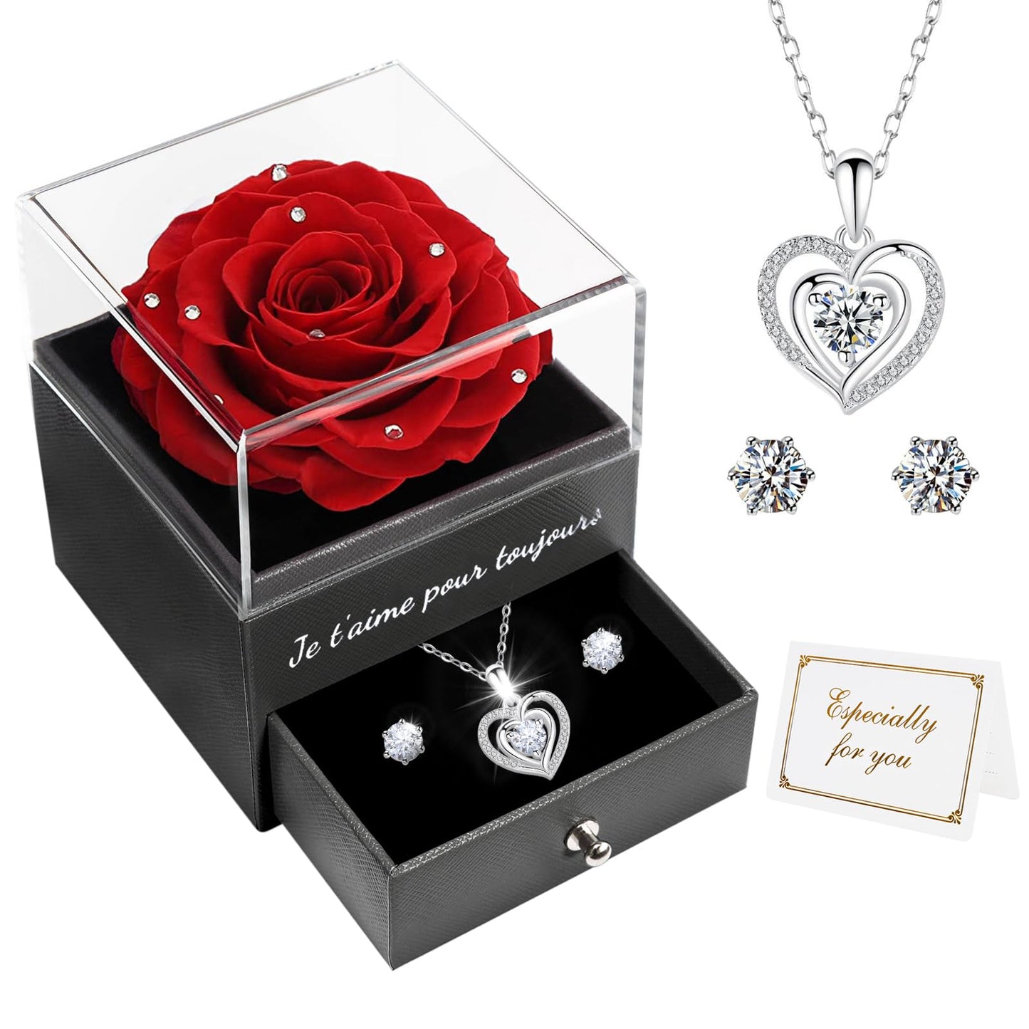 Miofula Rose Eternelle Cadeau Femme, Rose Éternelle avec Argent 925 Collier Boucles d'oreilles Bijoux Cadeau Anniversaire Femme, Préservée Rose Cadeau pour Elle la Noël, Saint-Valentin, Fête des mères