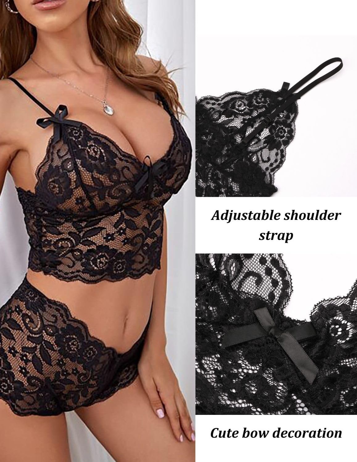 PARUPRUP Ensemble Lingerie Femme Coquine 2 Pièces Dentelle Florale Sexy Soutien-Gorge Bralette Bretelles Réglables and Culotte Taille Haute Nœud Papillon,sous-Vêtements Transparents Hot pour Nuit