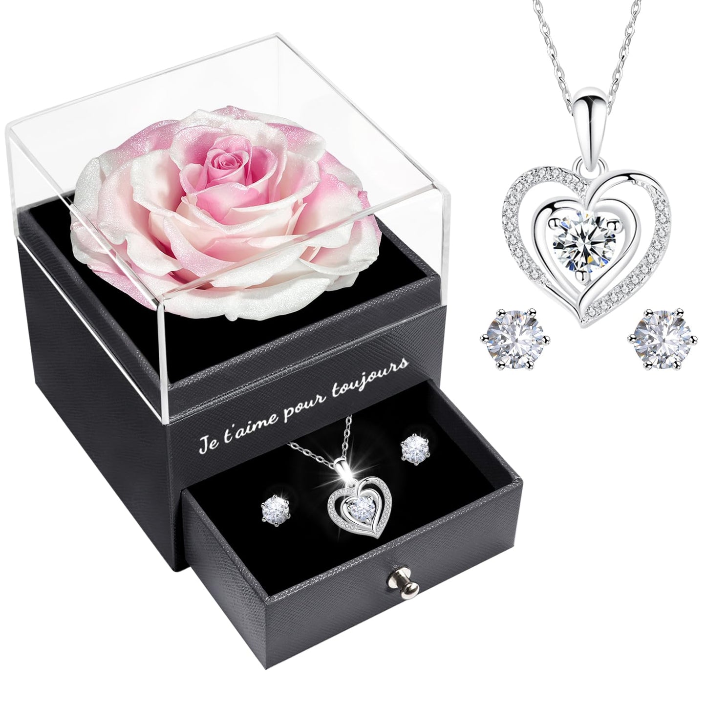 Miofula Rose Eternelle Cadeau Femme, Rose Éternelle avec Argent 925 Collier Boucles d'oreilles Bijoux Cadeau Anniversaire Femme, Préservée Rose Cadeau pour Elle la Noël, Saint-Valentin, Fête des mères