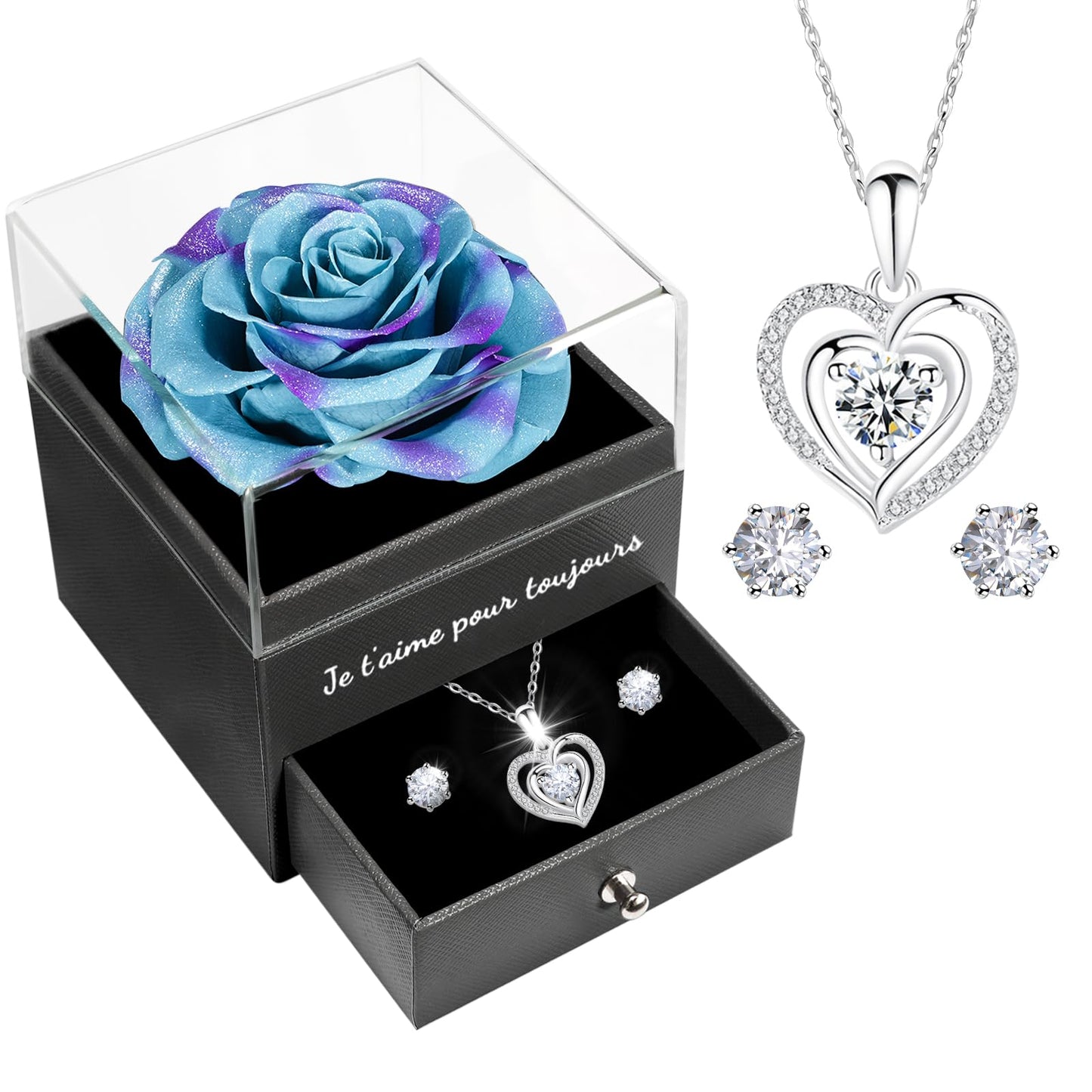 Miofula Rose Eternelle Cadeau Femme, Rose Éternelle avec Argent 925 Collier Boucles d'oreilles Bijoux Cadeau Anniversaire Femme, Préservée Rose Cadeau pour Elle la Noël, Saint-Valentin, Fête des mères