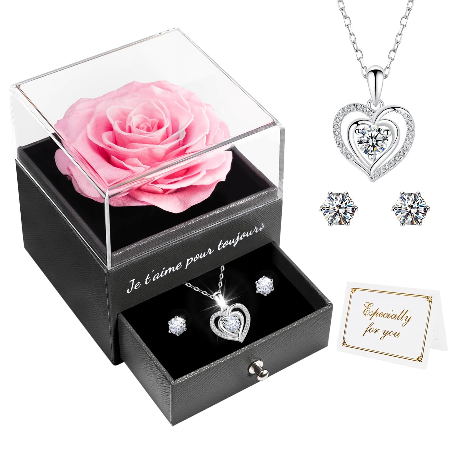 Miofula Rose Eternelle Cadeau Femme, Rose Éternelle avec Argent 925 Collier Boucles d'oreilles Bijoux Cadeau Anniversaire Femme, Préservée Rose Cadeau pour Elle la Noël, Saint-Valentin, Fête des mères