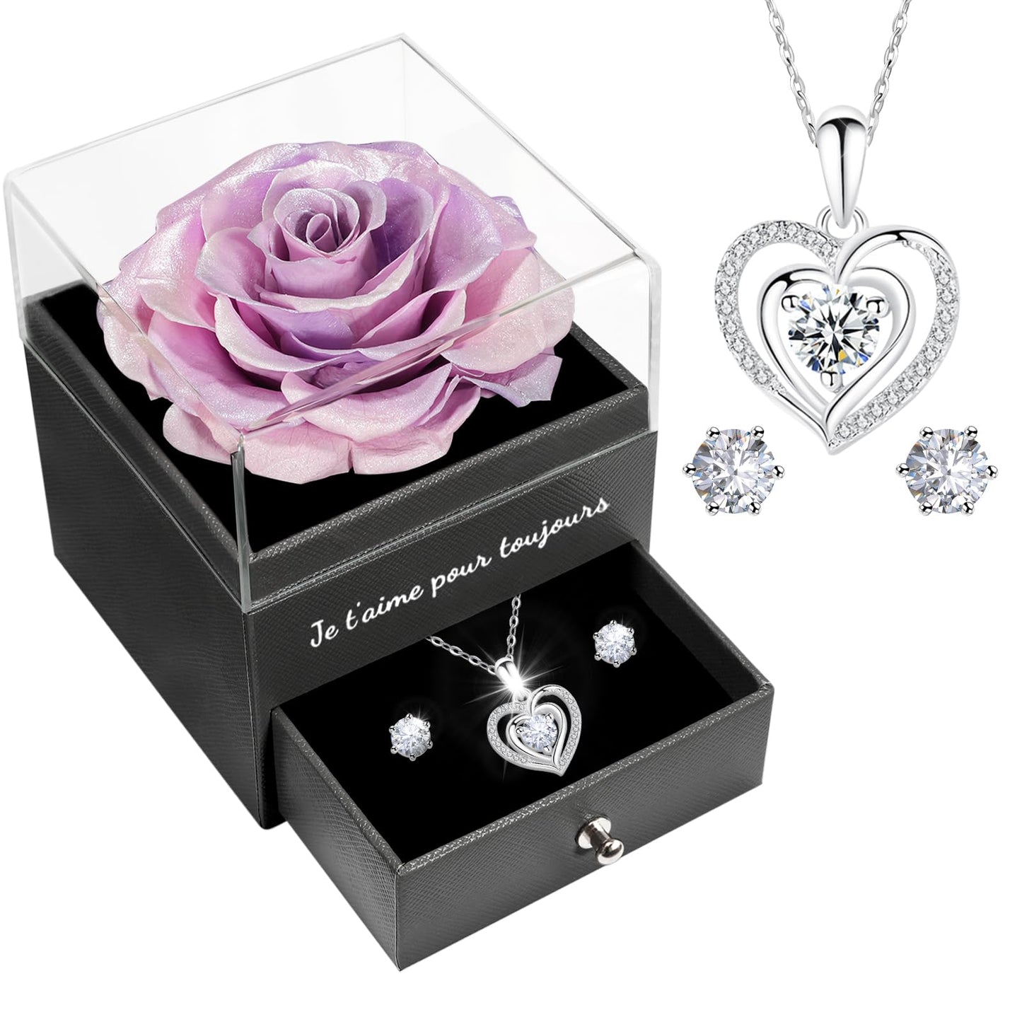 Miofula Rose Eternelle Cadeau Femme, Rose Éternelle avec Argent 925 Collier Boucles d'oreilles Bijoux Cadeau Anniversaire Femme, Préservée Rose Cadeau pour Elle la Noël, Saint-Valentin, Fête des mères