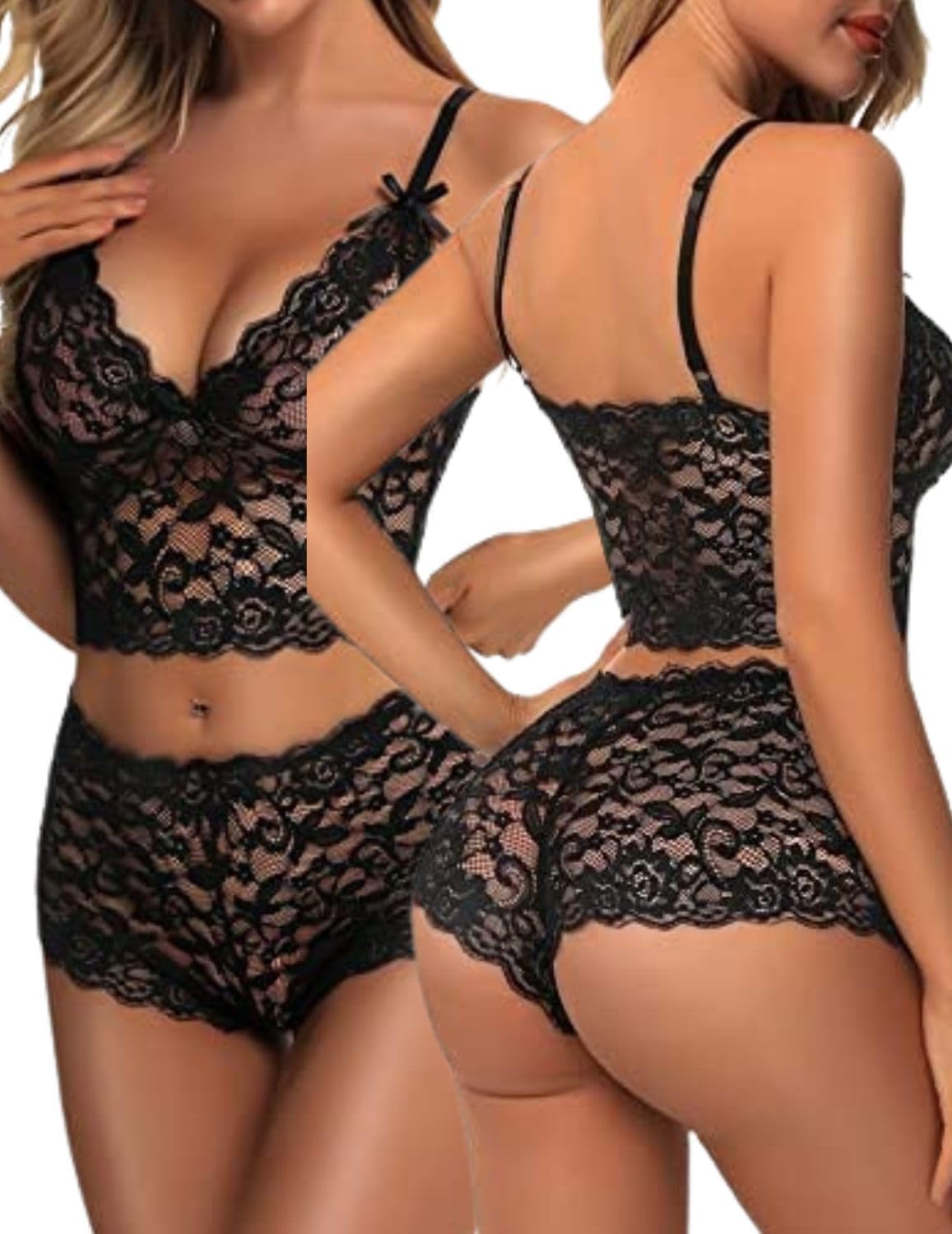 PARUPRUP Ensemble Lingerie Femme Coquine 2 Pièces Dentelle Florale Sexy Soutien-Gorge Bralette Bretelles Réglables and Culotte Taille Haute Nœud Papillon,sous-Vêtements Transparents Hot pour Nuit