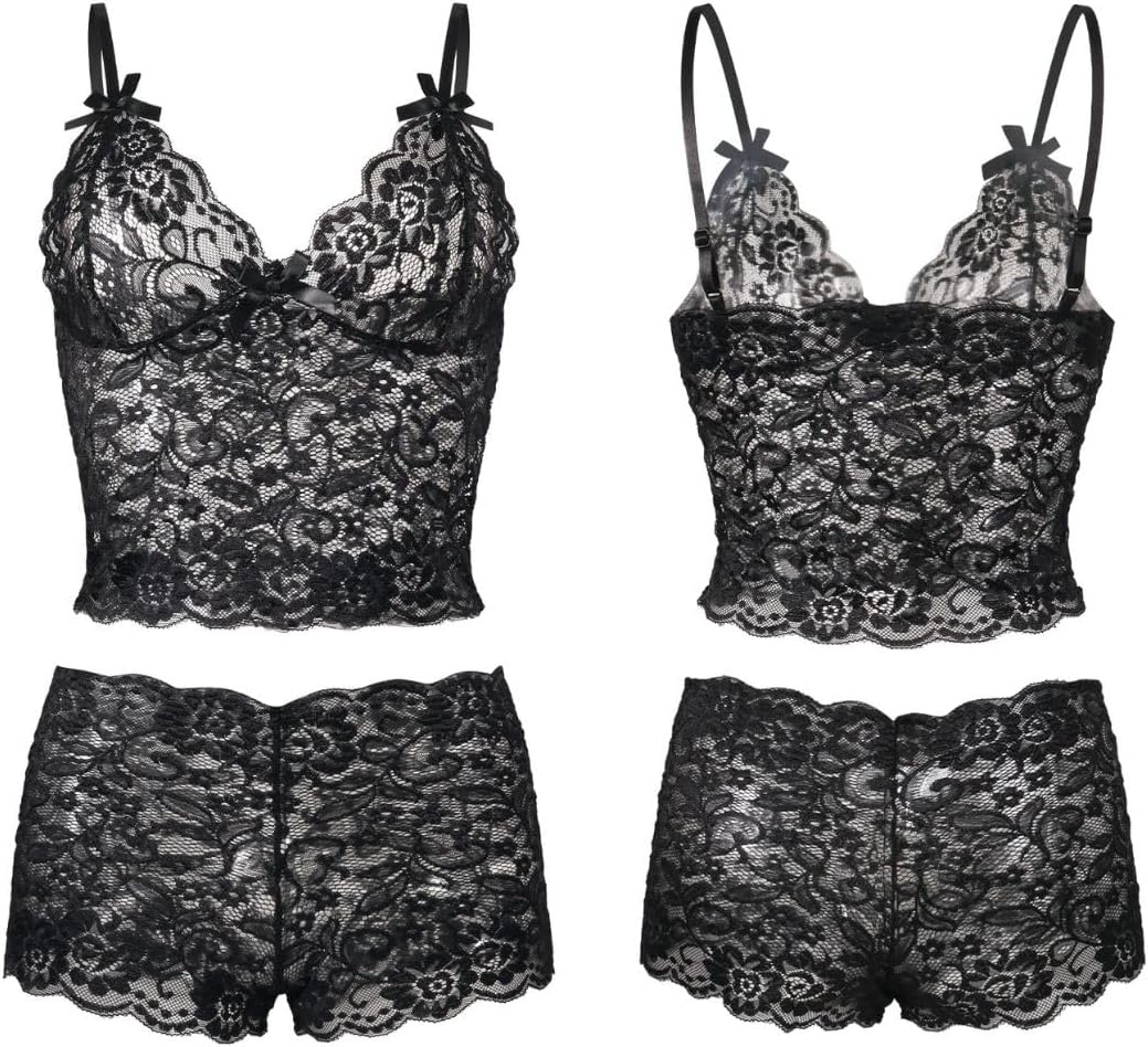 PARUPRUP Ensemble Lingerie Femme Coquine 2 Pièces Dentelle Florale Sexy Soutien-Gorge Bralette Bretelles Réglables and Culotte Taille Haute Nœud Papillon,sous-Vêtements Transparents Hot pour Nuit