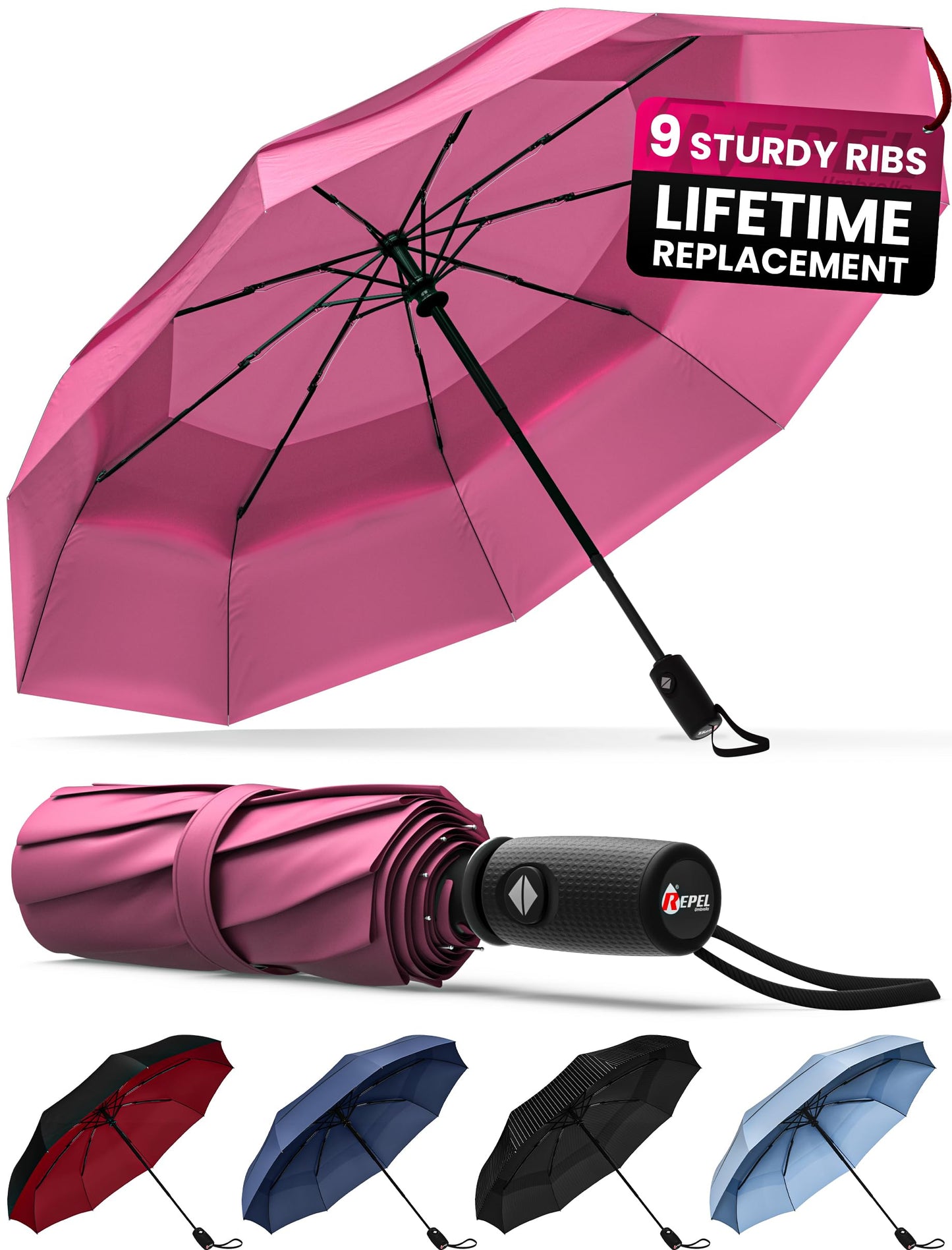 Repel Umbrella Windproof Travel Umbrellas for Rain - Easy Auto Open Close, Durable & Compact Umbrella, Strong Fiberglass Frame, Waterproof Canopy - Backpack, Purse, Portable Umbrella for Travel
