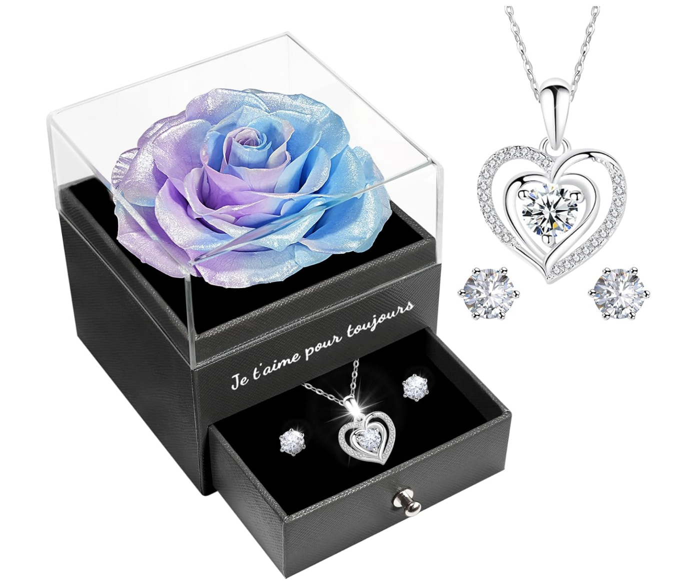 Miofula Rose Eternelle Cadeau Femme, Rose Éternelle avec Argent 925 Collier Boucles d'oreilles Bijoux Cadeau Anniversaire Femme, Préservée Rose Cadeau pour Elle la Noël, Saint-Valentin, Fête des mères