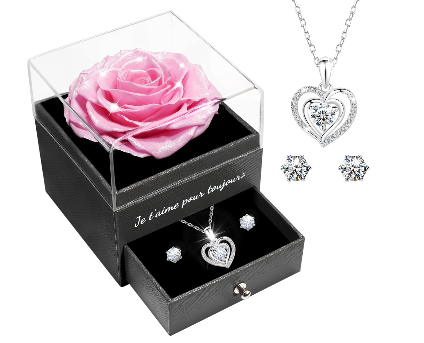 Miofula Rose Eternelle Cadeau Femme, Rose Éternelle avec Argent 925 Collier Boucles d'oreilles Bijoux Cadeau Anniversaire Femme, Préservée Rose Cadeau pour Elle la Noël, Saint-Valentin, Fête des mères