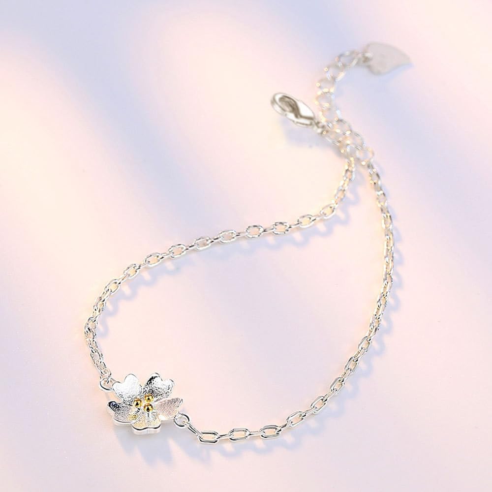 JOATVEE Bracelet à Fleurs en Argent 925 Bracelet à Thème Fleurs de Cerisier pour Femmes Filles Adolescentes Bijoux de Mode Simple Bracelet Chaîne Croix Cadeaux d'Anniversaire