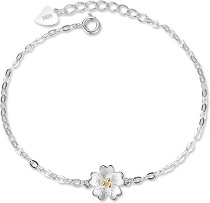 JOATVEE Bracelet à Fleurs en Argent 925 Bracelet à Thème Fleurs de Cerisier pour Femmes Filles Adolescentes Bijoux de Mode Simple Bracelet Chaîne Croix Cadeaux d'Anniversaire