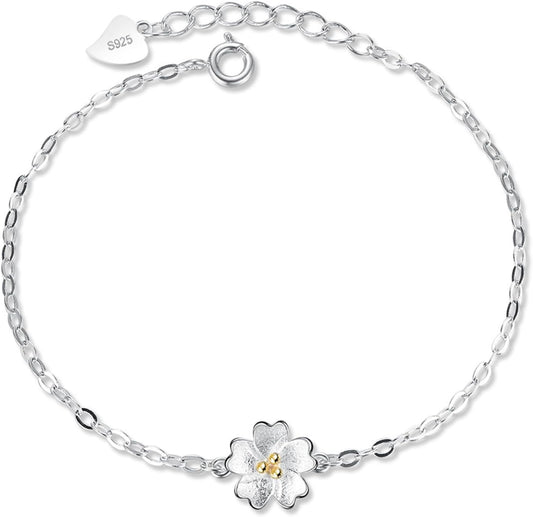 JOATVEE Bracelet à Fleurs en Argent 925 Bracelet à Thème Fleurs de Cerisier pour Femmes Filles Adolescentes Bijoux de Mode Simple Bracelet Chaîne Croix Cadeaux d'Anniversaire