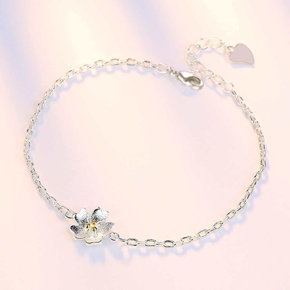 JOATVEE Bracelet à Fleurs en Argent 925 Bracelet à Thème Fleurs de Cerisier pour Femmes Filles Adolescentes Bijoux de Mode Simple Bracelet Chaîne Croix Cadeaux d'Anniversaire