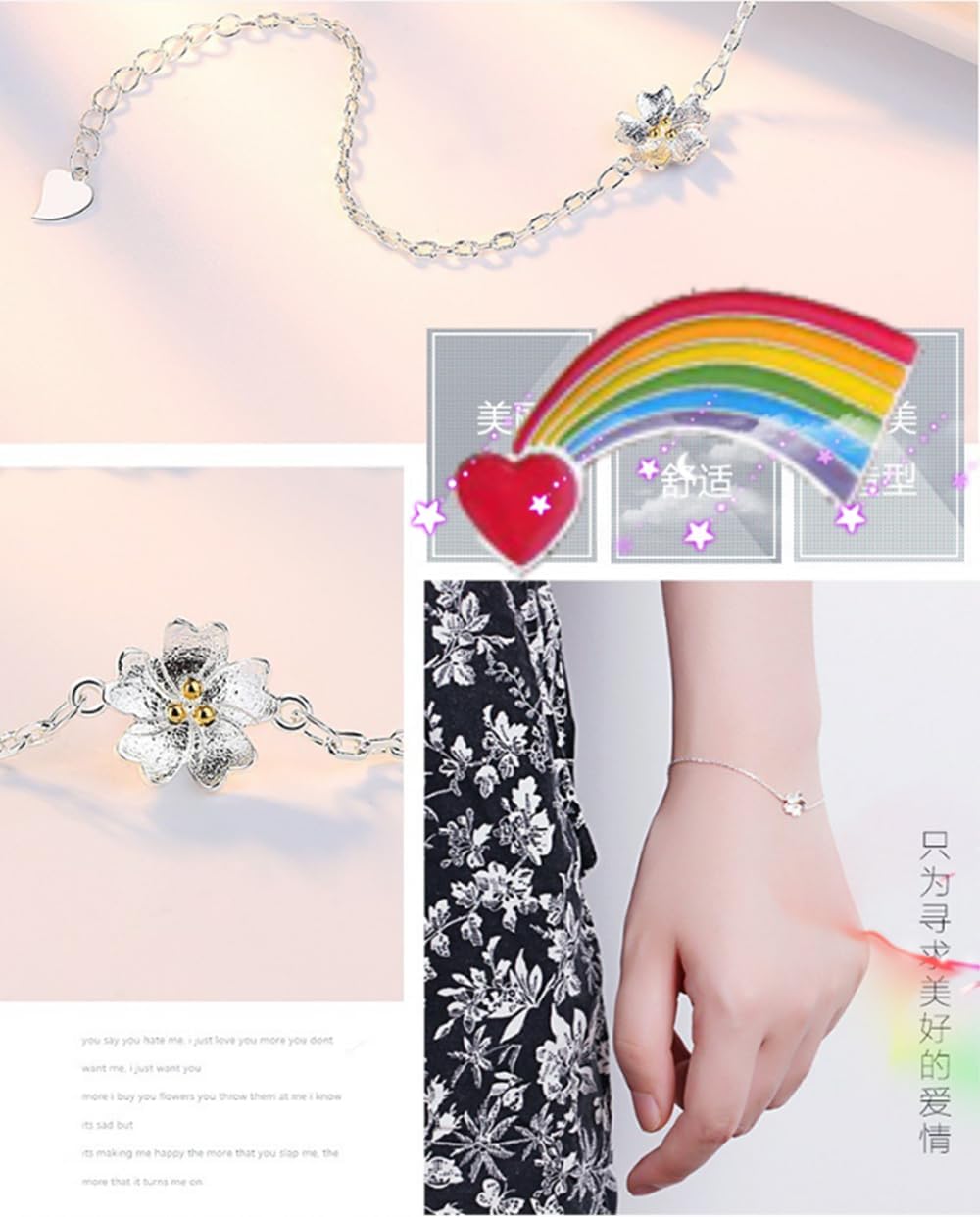 JOATVEE Bracelet à Fleurs en Argent 925 Bracelet à Thème Fleurs de Cerisier pour Femmes Filles Adolescentes Bijoux de Mode Simple Bracelet Chaîne Croix Cadeaux d'Anniversaire