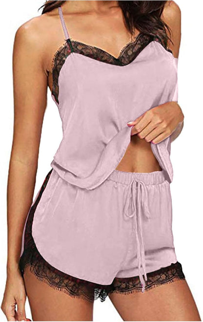 KQIVAM Ensembles de Pyjama Femmes Sexy Chic été Caraco Satin en Soie Short Dentelle 2 Pièce Court Mignon Doux Bas de Pyjamas Pyjashort Nuisette Lingerie Nuit Sleepwear Col en V Homewear pour Femme