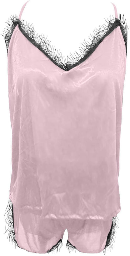 KQIVAM Ensembles de Pyjama Femmes Sexy Chic été Caraco Satin en Soie Short Dentelle 2 Pièce Court Mignon Doux Bas de Pyjamas Pyjashort Nuisette Lingerie Nuit Sleepwear Col en V Homewear pour Femme