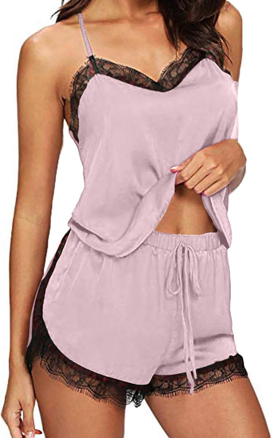 KQIVAM Ensembles de Pyjama Femmes Sexy Chic été Caraco Satin en Soie Short Dentelle 2 Pièce Court Mignon Doux Bas de Pyjamas Pyjashort Nuisette Lingerie Nuit Sleepwear Col en V Homewear pour Femme
