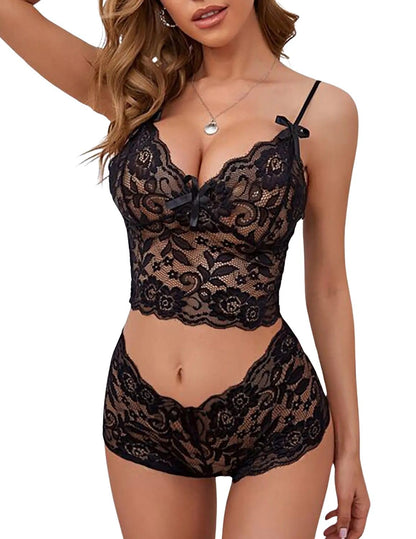 PARUPRUP Ensemble Lingerie Femme Coquine 2 Pièces Dentelle Florale Sexy Soutien-Gorge Bralette Bretelles Réglables and Culotte Taille Haute Nœud Papillon,sous-Vêtements Transparents Hot pour Nuit