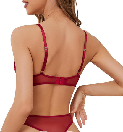 ROSVAJFY Ensemble de Lingerie Sexy pour Femme en Dentelle Broderie Florale, Soutien Gorge à Armatures et Culotte 2 Pièces, Coquine sous Vetements Feminins Hot Push Up Nuisettes