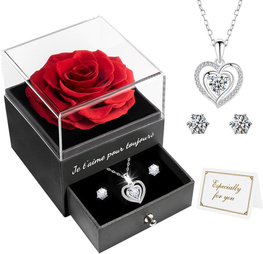Miofula Rose Eternelle Cadeau Femme, Rose Éternelle avec Argent 925 Collier Boucles d'oreilles Bijoux Cadeau Anniversaire Femme, Préservée Rose Cadeau pour Elle la Noël, Saint-Valentin, Fête des mères