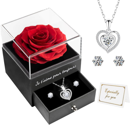 Miofula Rose Eternelle Cadeau Femme, Rose Éternelle avec Argent 925 Collier Boucles d'oreilles Bijoux Cadeau Anniversaire Femme, Préservée Rose Cadeau pour Elle la Noël, Saint-Valentin, Fête des mères