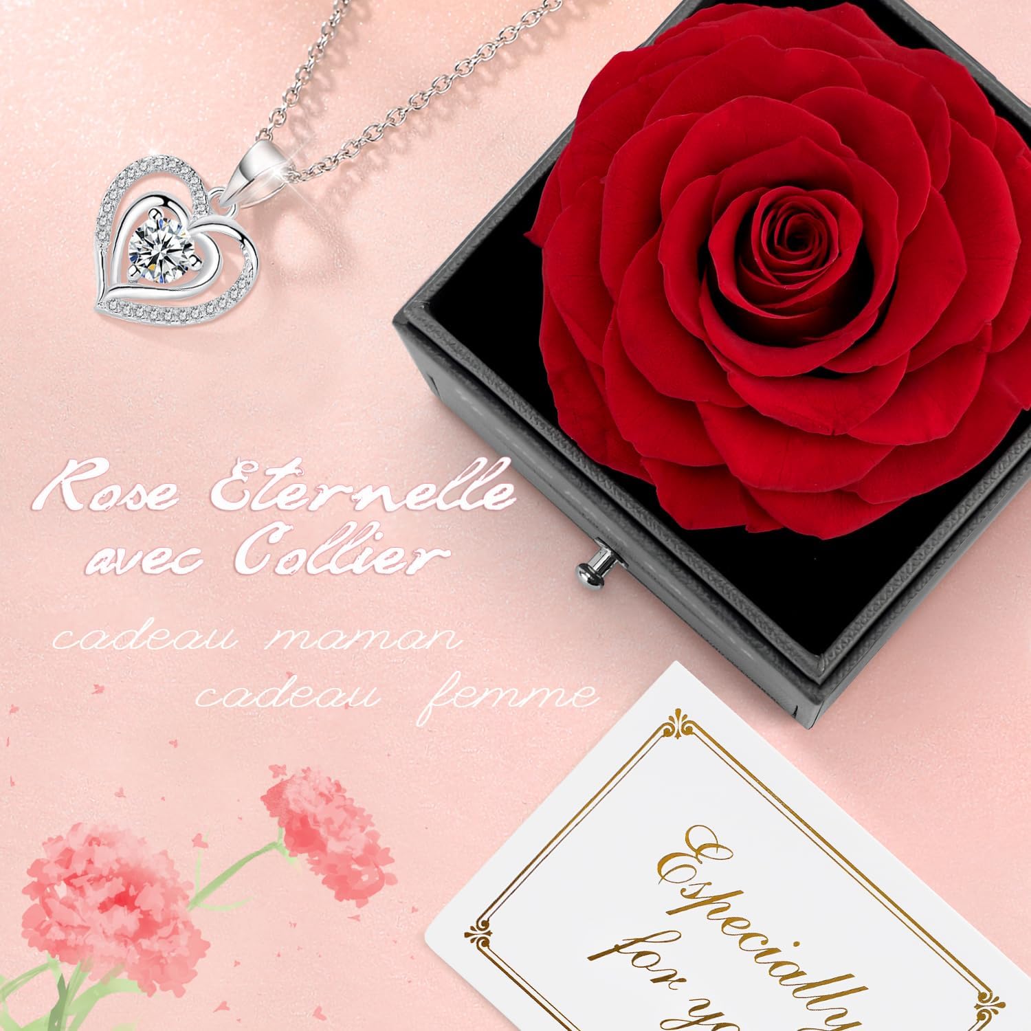 Miofula Rose Eternelle Cadeau Femme, Rose Éternelle avec Argent 925 Collier Boucles d'oreilles Bijoux Cadeau Anniversaire Femme, Préservée Rose Cadeau pour Elle la Noël, Saint-Valentin, Fête des mères