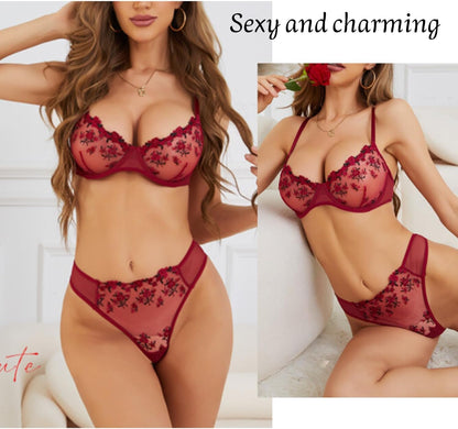 ROSVAJFY Ensemble de Lingerie Sexy pour Femme en Dentelle Broderie Florale, Soutien Gorge à Armatures et Culotte 2 Pièces, Coquine sous Vetements Feminins Hot Push Up Nuisettes