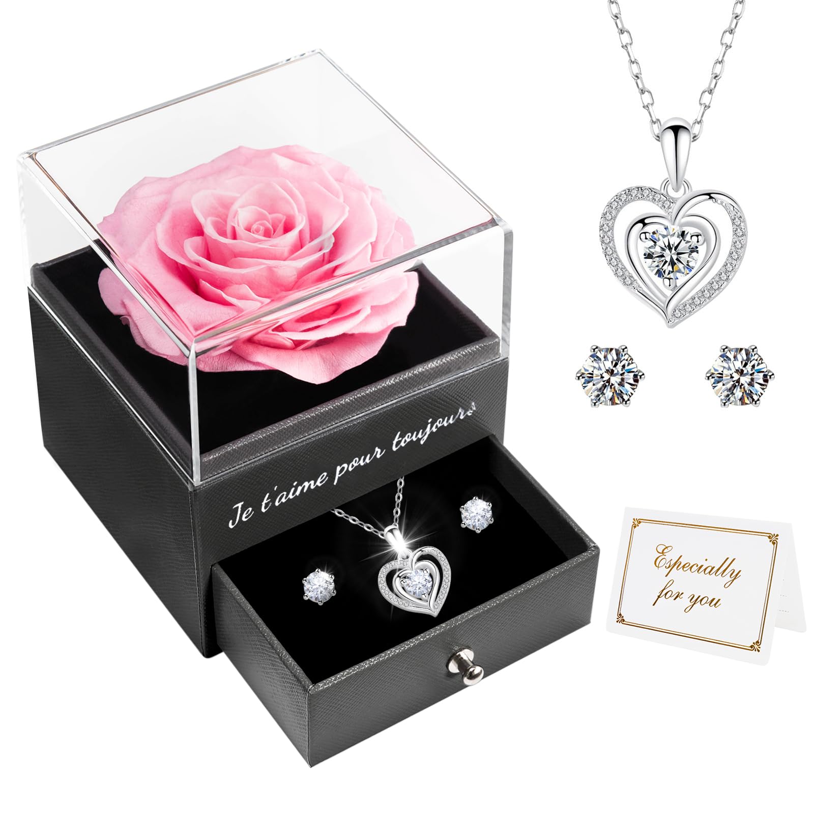 Miofula Rose Eternelle Cadeau Femme, Rose Éternelle avec Argent 925 Collier Boucles d'oreilles Bijoux Cadeau Anniversaire Femme, Préservée Rose Cadeau pour Elle la Noël, Saint-Valentin, Fête des mères