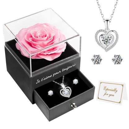 Miofula Rose Eternelle Cadeau Femme, Rose Éternelle avec Argent 925 Collier Boucles d'oreilles Bijoux Cadeau Anniversaire Femme, Préservée Rose Cadeau pour Elle la Noël, Saint-Valentin, Fête des mères