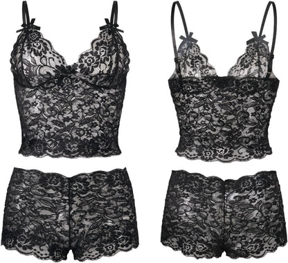 PARUPRUP Ensemble Lingerie Femme Coquine 2 Pièces Dentelle Florale Sexy Soutien-Gorge Bralette Bretelles Réglables and Culotte Taille Haute Nœud Papillon,sous-Vêtements Transparents Hot pour Nuit